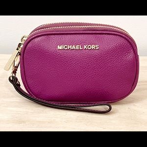 Michael Kors Magenta Pebbled Leather Double Zipper Compartment Wristlet